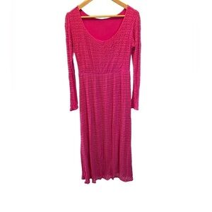 Hot Pink Stretch Crochet Lined Scoop Neck Long Sleeve Long Maxi Dress S